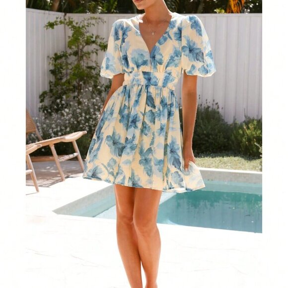 Blue Elegant Women's Floral V-Neck Gathered Waist Petal Sleeve A-Line Mini Dress - Picture 9 of 9